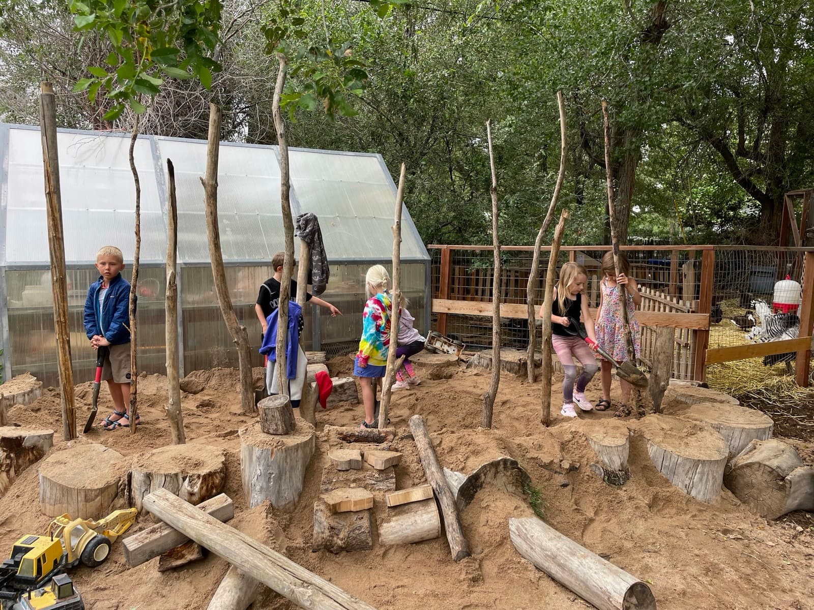 Campers building among the upright poles and logs beside the greenhouse